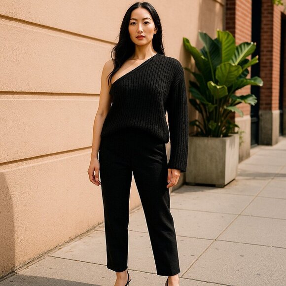 Lisa Yang Margit 100% Cashmere Sweater One Shoulder Ribbed Black Women's 2 - Picture 1 of 6